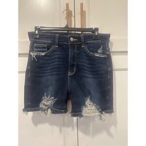 Judy Blue High Waist Distressed Denim Shorts Dark Wash Raw Hem M boho beach